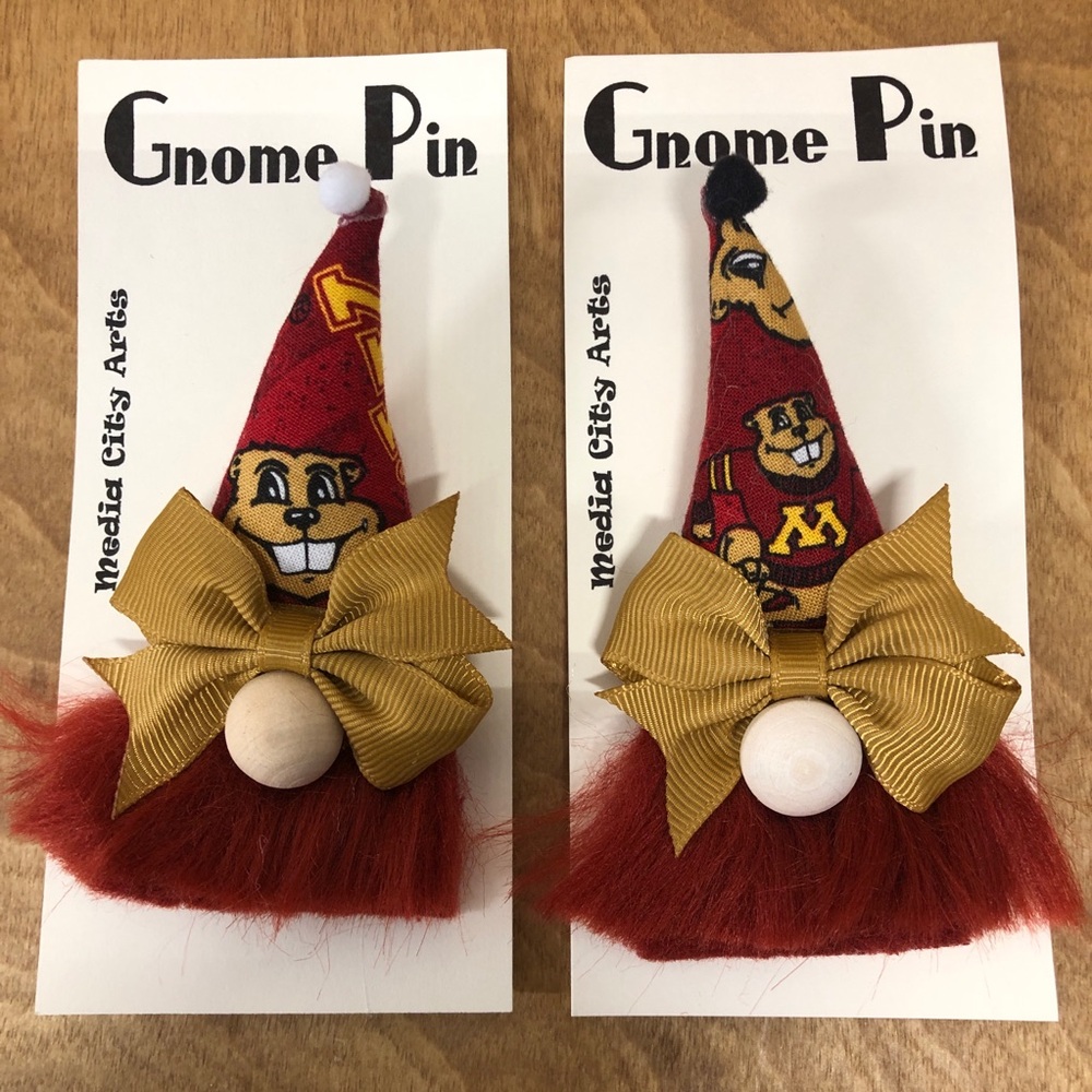 U of M Gnome Pin Brooch Bow Gift Guide Handmade Magnetic Team Spirit Minnesota